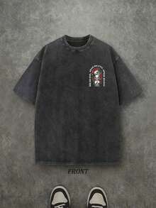 Retro Washed T-Shirt Double Sided Printed (230 Pure Cotton T-Shirt) 'SEE NO EVIL, HEAR NO EVIL, SPEAK NO EVIL' PSALM Letter And Pattern Print, Christian Gift, Men's T-Shirt, Men's Casual, Comfortable, Fashionable T-Shirt, Street Style Cotton Unisex Plus Size Top - 黑色 - 查看 3