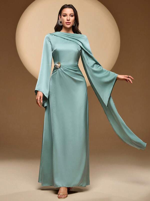 Women's Round Neck Solid Color Dress With Handmade Waist Flower Decor, Asymmetrical Sleeve Cuff, Long Sleeve, Oversized Sleeve, Elegant Multi-Occasion Satin Maxi Dress