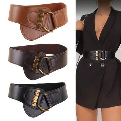 Vintage Style Faux Leather Belt, Rivet Buckle Design, Elastic Wide Waistband, Suitable For Dresses, Jackets And Suits, Lightweight And Comfortable, Non-Textile Material, Suitable For Mature Occasions, One Size Fits All