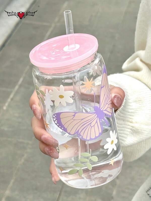 كوب قش القهوة بتصميم فراشة بنفسجية، كوب قش الماتشا، أدوات شرب القهوة، زجاجة مياه بسعة كبيرة وقش - أفضل خيار هدية للأصدقاء!