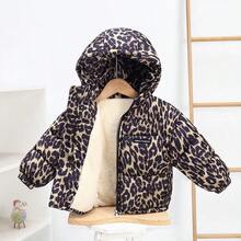 New Autumn/Winter Leopard Floral Print Toddler Baby Girl Thermal Lined Hooded Jacket, Baby Warm Padded Parka Coat, Cartoon Padded Outerwear