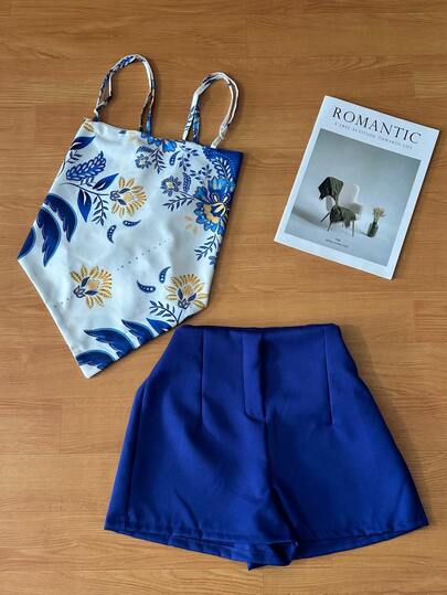 Blusa elegante feminina sem mangas com estampa floral e efeito especial, shorts lisos combinando, conjunto de duas peças