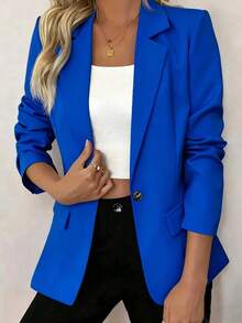 轻盈优雅女士休闲长袖西装外套，适合春夏穿着 - 藍色 - 查看 3