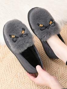 New Women Fashion Personalized Fluffy Warm Minimalist Solid Color Indoor Outdoor Travel Vacation Home Slippers, Thick Plush Slip-On Cozy Soft Bottom Casual Outdoor Wear Shoes For Winter - Grey - View 4