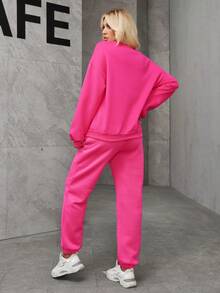 Customized Women Letter Graphic Drop Shoulder Sweatshirt & Sweatpants - Hot Pink - View 3