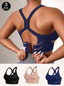 Sutiã de ioga sem costura feminino 3 peças, sutiã à prova de choque, costas, sutiã de elevação de axila de seção fina, sem fio, lingerie, conjunto de cor sólida, alça cruzada, roupa íntima de ioga confortável para uso interno e externo, estilo respirável confortável, sutiã de ioga sexy, costas cruzadas, top de ioga, sutiã sem fio, academia, à prova de jarretes, lingerie confortável - Multicolorido - Ver 8
