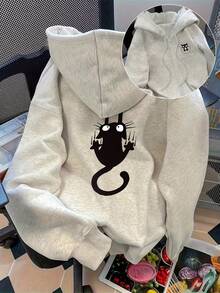 Cute Cat Pattern Printed Jacket, Women's Casual Hooded Jacket, Fashionable Hat Rope Hooded Jacket, Women's Comfortable Hooded Jacket, Casual Everyday Women's Jacket, Women's Clothing, Casual And Versatile,Jackets For Women,Cardigan Women,Long Sleeve Top,Long Sleeve Tops For Women,Autumn Outfits Women,Winter Clothes,Going Out Tops Women