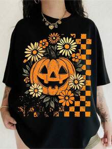Halloween Pumpkin Devil Vintage T-Shirt, Nightmare Before Christmas Themed, Oversized Loose Fit Round Neck Short Sleeve T-Shirt For Women 1 PCS 220g 100% Cotton Women Top - Black - View 1