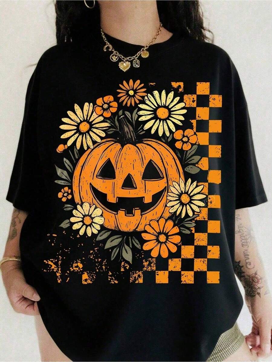 Halloween Pumpkin Devil Vintage T-Shirt, Nightmare Before Christmas Themed, Oversized Loose Fit Round Neck Short Sleeve T-Shirt For Women 1 PCS 220g 100% Cotton Women Top - Black - View 1