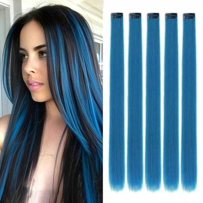 5 kẹp tóc nối màu xanh, tóc giả sợi tổng hợp cho nữ, có thể kết hợp với nhiều kiểu tóc khác nhau mà không cần đến tiệm, thích hợp sử dụng hàng ngày và dự tiệc
