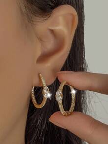 Vaerine 1 Pair Elegant & Romantic Shiny 925 Sterling Silver Cubic Zirconia Heart Design Round Hoop Earrings, Charming Gift For Women On Valentine's Day, Anniversary, Date - Gold - View 2