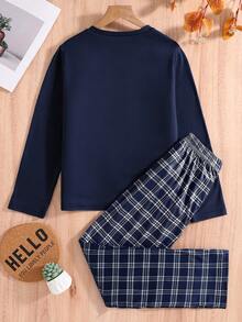 Boys' Fashion Air-Conditioned Room Loungewear Long Sleeve Top And Plaid Pants Set, Anti-Kick And Warm, "Hi" Print Shirt With Black & White Checkered Pants, Comfortable Fabric, Suitable For Spring, Autumn And Summer Wear - Royal Blue - View 2