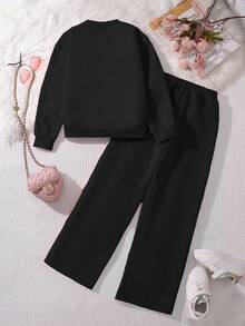 Left Mama 2 件套 Tween 女童花卉印花保暖长袖上衣和直筒裤套装，秋冬 - 黑色 - 查看 3