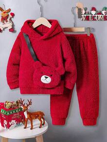 2pcs Young Boy Plush Solid Color Hoodie And Pants Casual Outfit, Winter