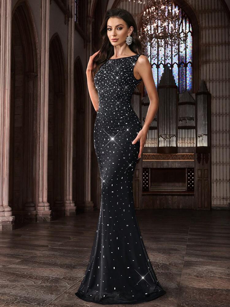 Bling Rhinestone Diamond Upscale Evening Gown Luxury Hot Drill Women Formal Dress For Dinners, Cocktail, Charity Prom, Galas Dresses