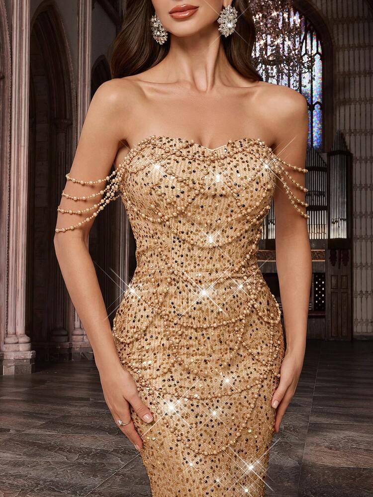 Glamorous Sequin Party Formal Dress, Shiny Beaded Women's Evening Gown, Suitable For Charity Ball, Birthday Party, Gala Dinner, Cocktail Party, Etc., Solid Color Backless Mermaid Hem Dress Wedding Spring - Champagne - View 6