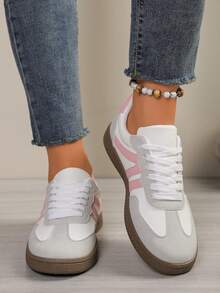 Zapatos Y2K, Zapatos deportivos casuales de mujer de suela blanda y antideslizante, de patchwork blanco y rosa, ligeros, zapatillas de skate para estudiantes, nuevos zapatos casuales y versátiles para exteriores con cordones a rayas y puntera redonda, zapatillas deportivas rosas, zapatillas chunky