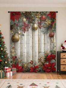 1pc Christmas Ball & Element Pattern Premium Decorative Curtain Rod Pocket Sheer Curtain, All Season Use For Outdoor, Gazebo, Bedroom, Kitchen, Office, Study, Living Room - Semi-Sheer (100g Fabric Weight) Home Decor Christmas Decorations Room Decor Christmas Decorations Home