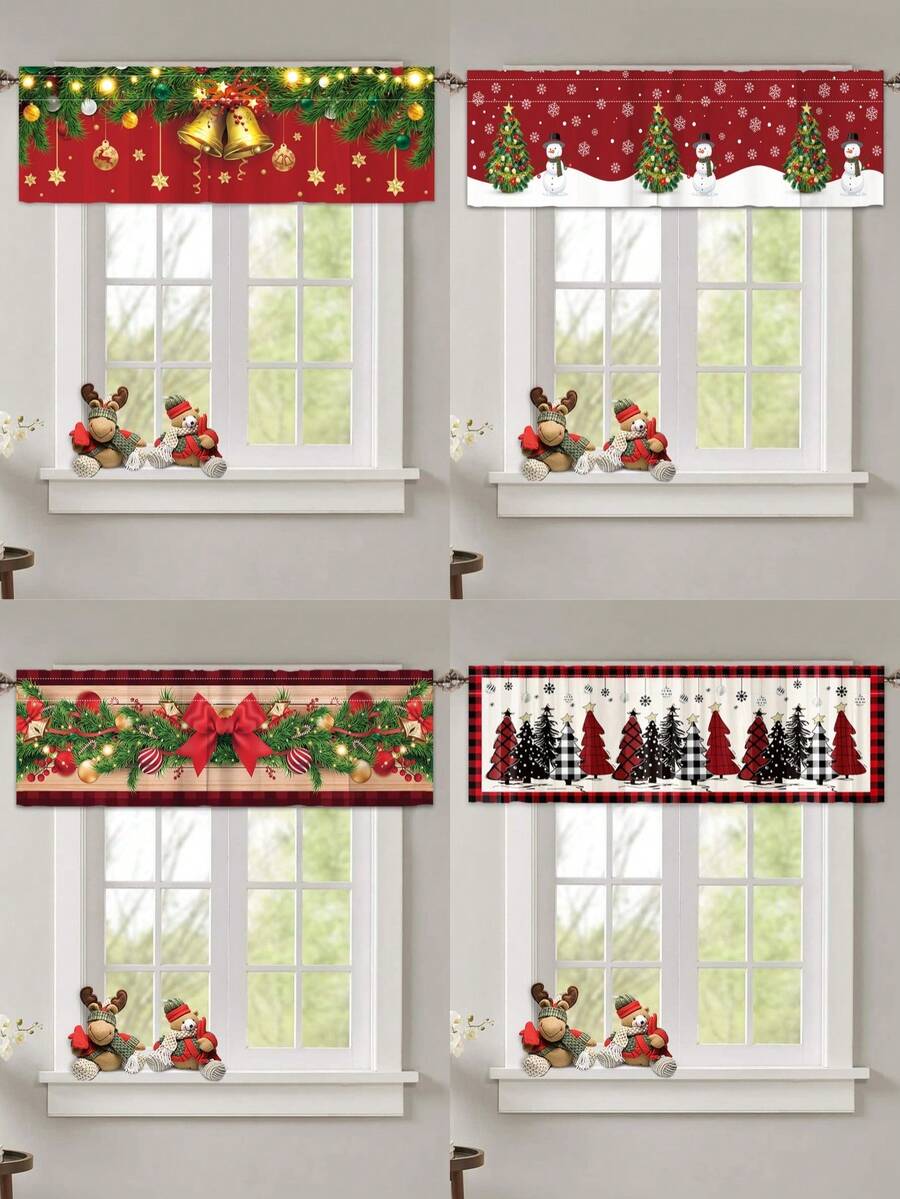 1 pièce Cantonnière de rideau de Noël, rideau court de Joyeux Noël avec cloche de Noël, bonhomme de neige, sapin de Noël et style de vigne à fleurs rouges, rideau de demi-fenêtre, rideau de cuisine de Noël, décoration de fête de Noël, fournitures de fête de Noël, décoration de Noël, décorations de Noël pour la maison, décoration de chambre de Noël, décoration de fenêtre de cuisine, cadeaux de Noël, décorations d'hiver, décoration de salon, décoration de bureau