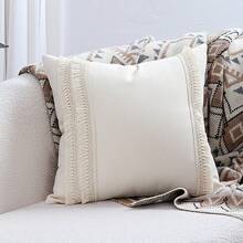 Capa de almofada de lona simples com acabamento em borlas, casual para uso diário - Bege - Ver 7