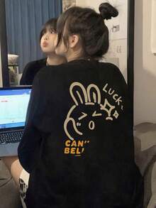 女士宽松休闲卡通印花长袖棉质T恤，适合春秋季