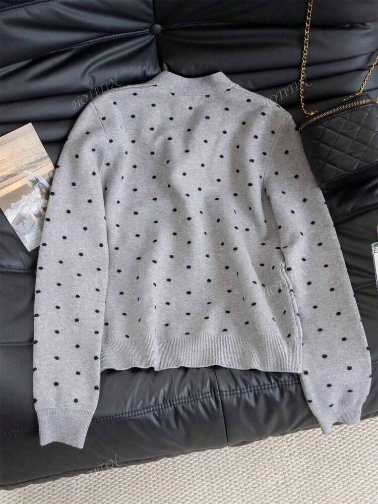 秋冬ニットカーディガントップ ちょう結びグレードット ユニークレディースカーディガン - 単独で着用可 通勤 通学 普段着 - グレー - 見る 7