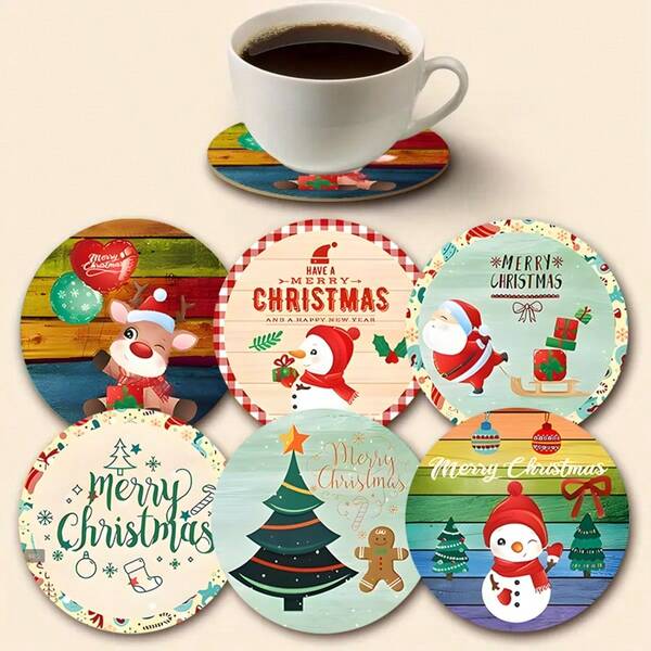 6pcs Christmas Themed Wooden Coasters Set - Heat Resistant, Hand Wash Only - Perfect For Cafes, Offices, Restaurants And Home Gatherings - Ideal For Christmas, Halloween, Easter And Thanksgiving Decorations, Suitable For Wall Decor