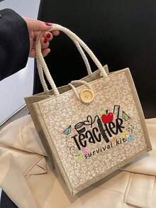1 pezzo "Miglior insegnante" Borsa a tracolla in lino con stampa floreale, borsa riutilizzabile con stampa per donne, borsa a doppia maniglia per libri e shopping, borsa a spalla di grande capacità, borsa casual, borsa per il Natale, adatta per pendolarismo, scuola, shopping, attività all'aperto, regalo per amici, fidanzata, festa dell'insegnante, vacanze e festività - Cachi - Visualizzare 11