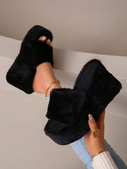 女士厚底蓬松露趾拖鞋，超轻防滑舒适透气厚底高跟鞋，秋冬休闲时尚户外派对装