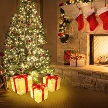 Set de 3 piezas de iluminación navideña con control remoto, 8 modos de iluminación, Aurora - Caja de decoración navideña con luces blancas cálidas, para árbol de Navidad, jardín, hogar, decoración navideña exterior, caja de regalo con moño rojo