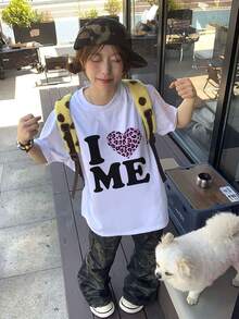 Heart Print Short Sleeve T-Shirt, Casual Loose Versatile Fashion Top, New Summer Collection White - White - View 5