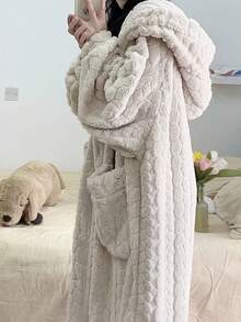 3件組女款純色羊毛提花休閒晨袍，秋冬保暖連帽寬鬆長袖法蘭絨浴袍，附口袋，舒適法蘭絨面料睡袍，聖誕必備，保暖防寒，適合居家裝飾、冬季保暖、聖誕禮物、生日禮物、室內裝飾 - 彩色 - 查看 4