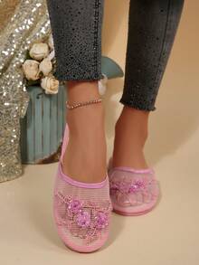 2025秋冬季女士花卉图案透气一脚蹬穆勒鞋/木屐 - 粉色 - 查看 5