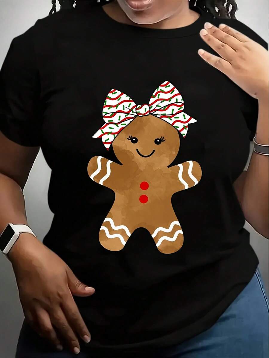 Christmas Gingerbread Girl Black T-Shirt With Red Bow Print For Festive Season Women's Tee - 黑色 - 查看 1