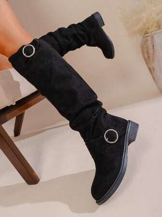 Women's Faux Suede Pleated Buckle Knee-High Boots, Flat, Side Zipper, Wide Shaft, Black, New Autumn/Winter Design