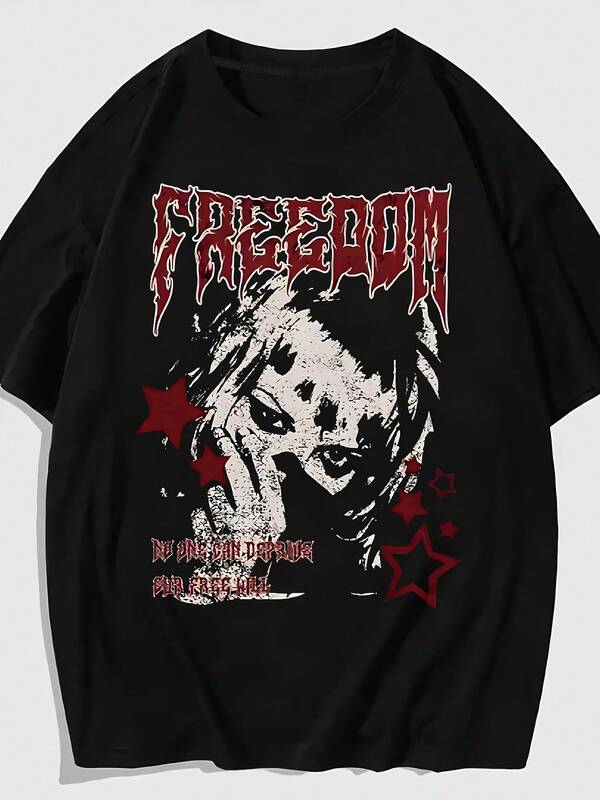 1pc Women's Black Crewneck T-Shirt - Gothic Grunge Freedom Star Graphic Print, Punk Rock Aesthetic Streetwear Tee, Y2K  Edgy Casual Top For Spring Summer Outfits, Perfect Gift For Women, Durable Print Quality
