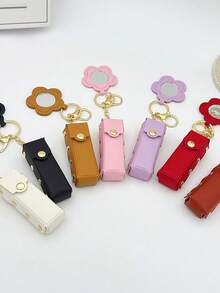 1pc Solid Color PU Leather Lipstick Holder (With Heart-Shaped Mirror) - Women's Makeup Keychain. Back To School Lipstick Holder With Heart-Shaped Mirror, Multiple Colors Available, Women's Makeup Bag, Heart-Shaped Bag Charm Fashion Keychain Pendant, Wallet, Handbag, Bag Accessory. Suitable For Parties, Weddings And Dances. Make Up Bag - White - View 10