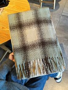 1条女士绿色复古格子休闲奢华仿羊绒围巾 - 超级柔软、保暖舒适、无弹力、防寒、优雅流苏饰边，适合秋冬季节，时尚披肩 - 彩色 - 查看 2