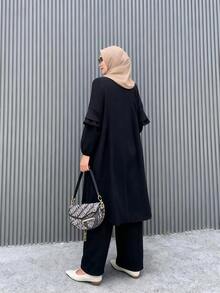 女士优雅休闲纯色纽扣设计长款外套，灯笼袖搭配阔腿裤套装，时尚休闲优雅可爱阿拉伯风格长款连衣裙两件套，适合春、夏、秋、冬三季穿着。 - 黑色 - 查看 8