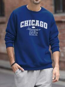 Men's American Retro Style Letter Graphic Crew Neck Sweatshirt, Chicago Letter Print, Casual Streetwear, Autumn/Winter, Long Sleeve Top - 軍綠色 - 查看 2