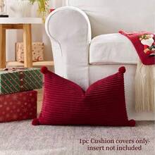 1pc (Without Pillow Insert) Valentine's Day Red Decorative Throw Pillow Cover, Valentine's Gift Decor, Home Decoration Red Fuzzy Ball Striped Soft Sofa Cushion Cover, Bedding Pillow With Zipper Closure Striped Pillow Sham - Large Red, Machine Washable, Suitable For Sofa And Home Decor - Red - View 2