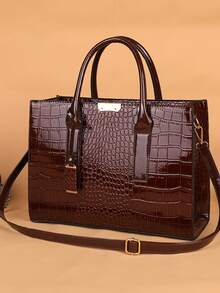 New Crocodile Embossed Handheld Tote Bag With Accessories - Black - View 9