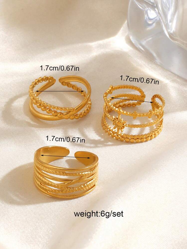 3pcs Stainless Steel 18K Gold Plated Chic Sun Line Design Rings, Suitable For Women's Daily Wear Luxury Jewelry - Multicolor - View 7