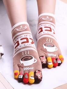 1 Pair Women's Personalized Five Toe Socks, Coffee Toe Separator Socks, Cute Cartoon Mid-Calf Socks, Suitable For Daily Wear, Parties, Performances, Gifts - Multicolor - View 7