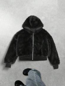 宽松版型黑色仿皮草大衣，复古仿狐狸毛外套 - 经典复古风冬季单品。采用逼真的仿皮草材质制成 - 黑色 - 查看 3