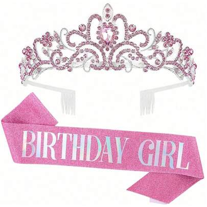 블링 라인스톤 크리스탈 핑크 크라운 티아라 생일 새시 및 여성용 크라운 생일 파티 장식 키트 글리터 크리스탈 헤어 액세서리