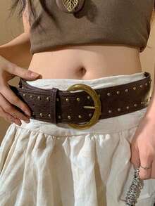 1pc Solid Color Vintage Punk Rivet Studded PU Leather Belt, Versatile For Women