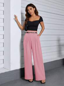 A&DD MODA, REF: 3264 Women's Casual Pants, High Waist, Straight, Wide, With Belt, Side Pockets, Comfortable, Elegant, Social, Versatile, Everyday Style, Flare, Pantacourt, Modern Tailoring, Lightweight Fabric, Perfect Fit, Blogger Look, Sophisticated, Charming, Practical For Work And Outings ✨ - 淺粉色 - 查看 4