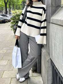 女士时尚针织条纹宽松高领长袖套头衫，常规长度，时尚侧开衩，适合日常穿着 - 黑杏色 - 查看 5