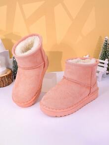 1 Pair Of Children's Snow Boots With Brown, Black, Pink Plush Lining And Suede Lining For Warmth . Short Top, Flat Heel, Simple, Casual, Comfortable And Fashionable. Children's Snow Boots For Winter Holiday Travel